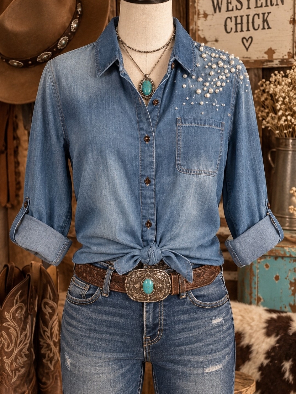 Nanette Lepore Light Blue Denim Pearl-Embellished Button-Down Shirt Cotton
